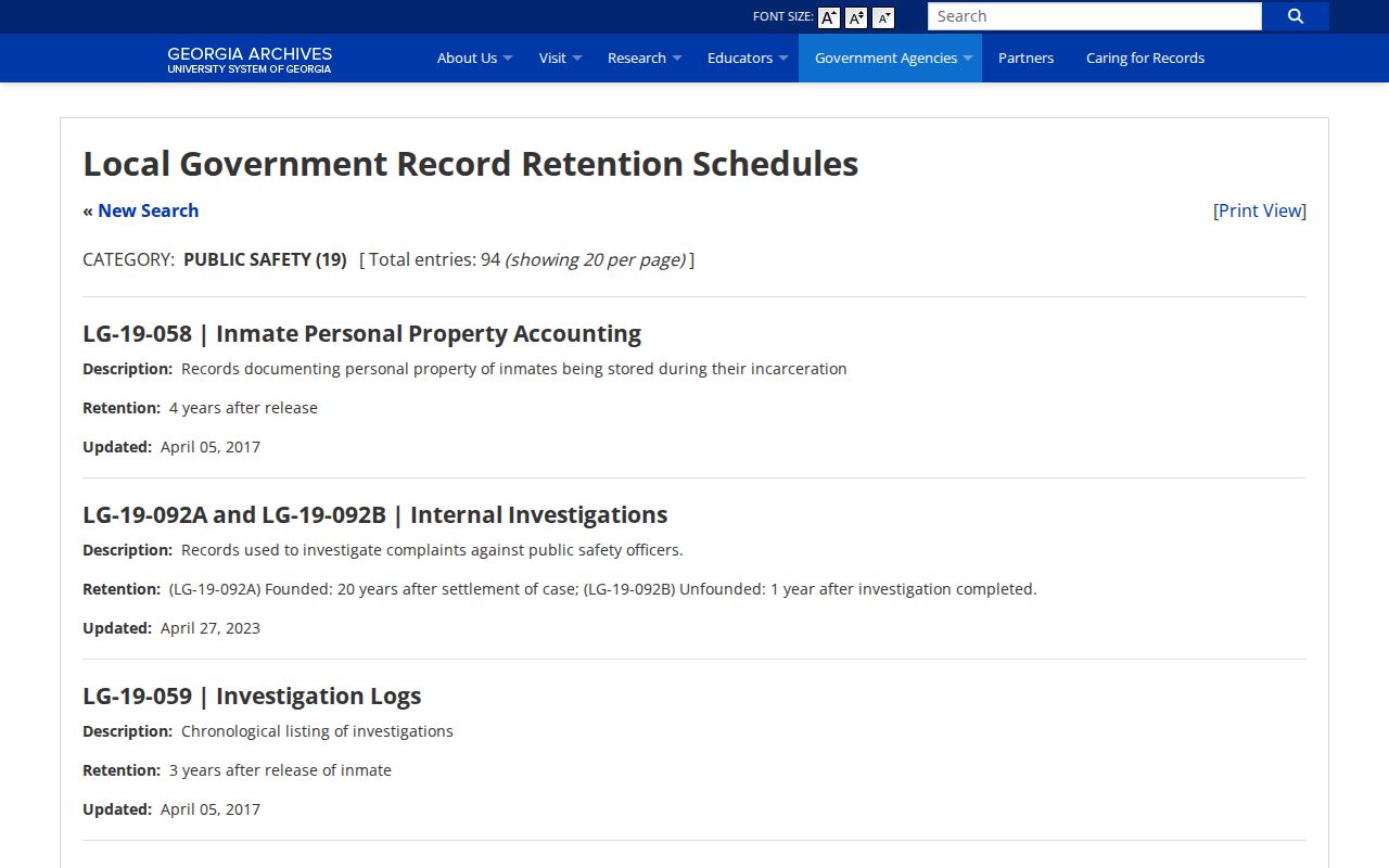 Georgia Archives jail booking retention schedule for older Tift County records