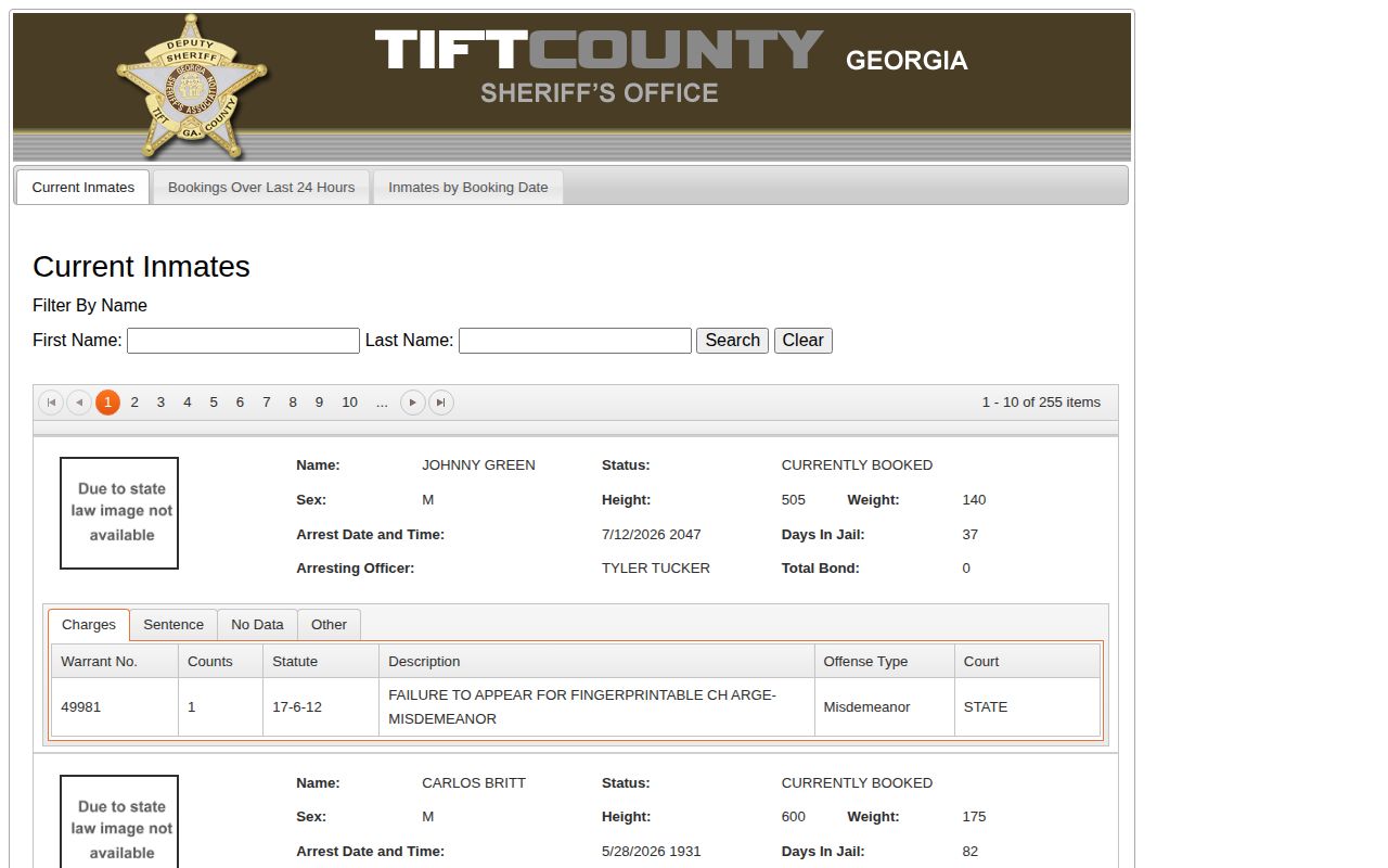 Tift County current inmate search interface for custody records