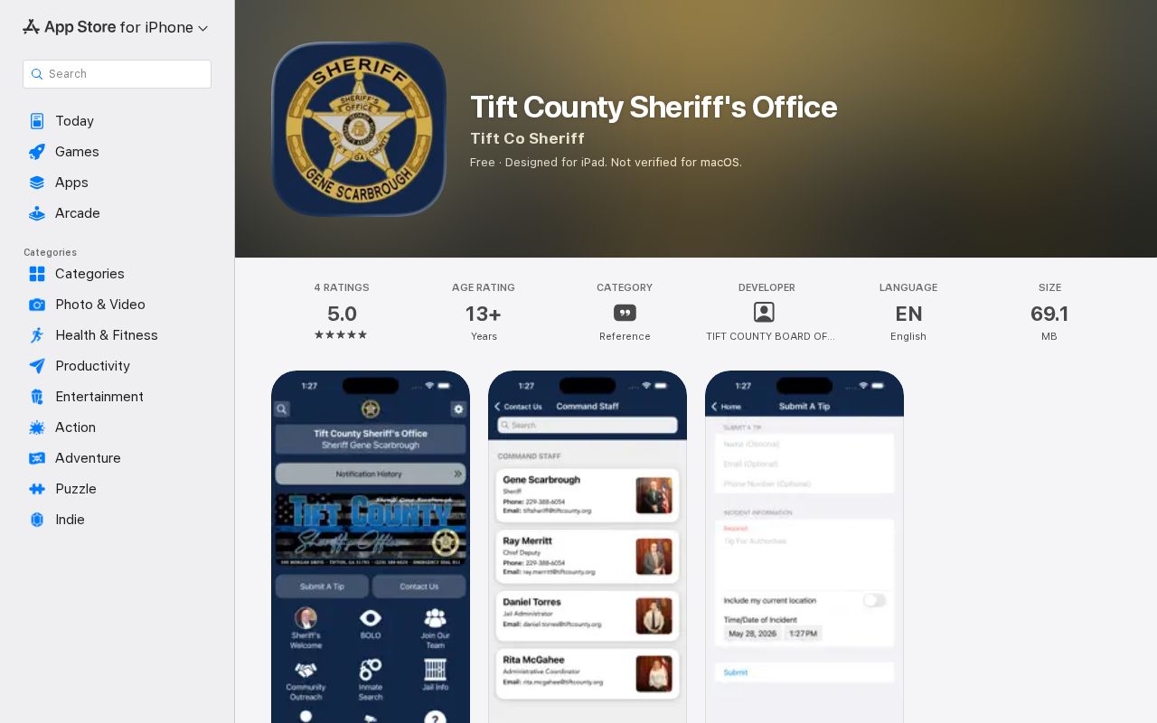 Tift County Sheriff's Office mobile app resource for jail and safety information