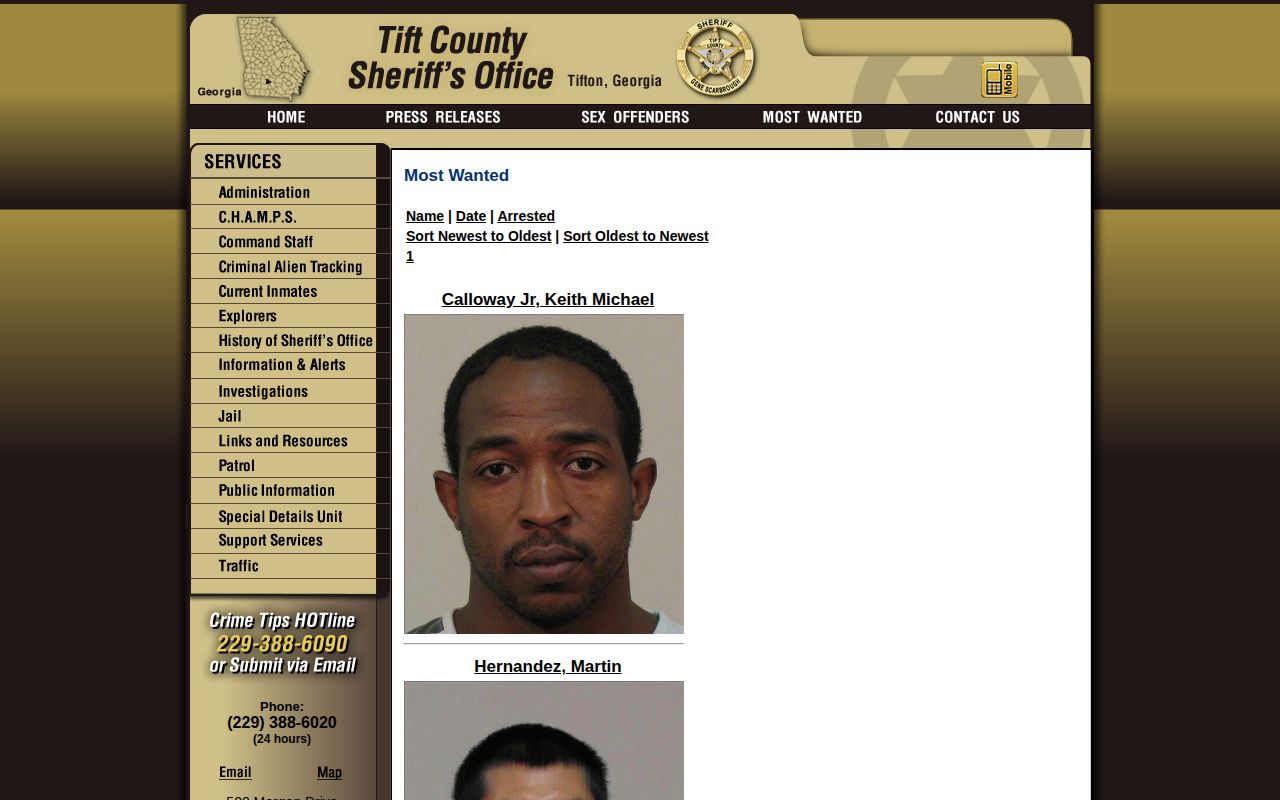 Tift County sheriff Most Wanted list interface