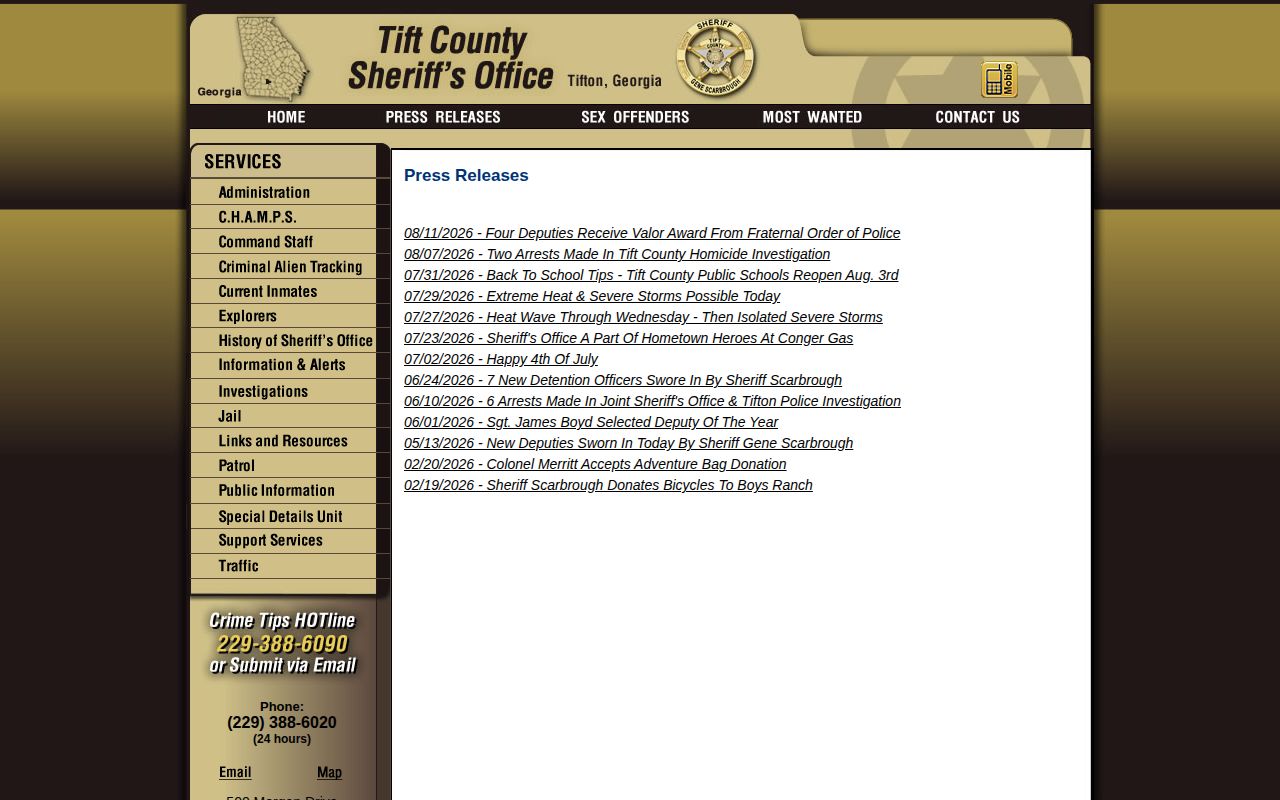 Tift County sheriff press archive for selected wanted and public-safety information